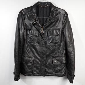 Longhi Black Leather Collared Cargo Utility Moto Biker Jacket Men's 46 Small